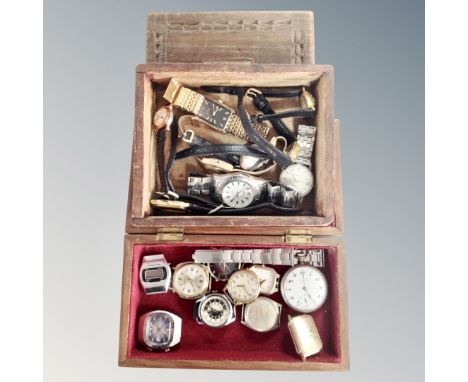 Two wooden table boxes containing selection of lady's and gent's watches to include Philip Mercier, Timex, Sekonda, Limit, Ci