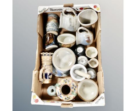 A box of beer stein, Italian pottery jug, pestle and mortar, British studio pottery, Edinbane, tea light holders etc 