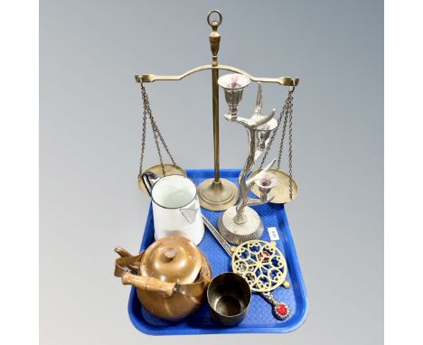 A tray of metal ware, brass balance scales, culinary concepts antler candlestick, enamel jug etc 