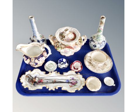 A tray of antique ceramics, Japanese bottle vases, Victorian lidded sugar basin and milk jug, miniature teacups, vintage hat 