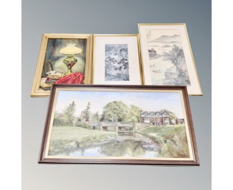 A Jean Roper oil on board - oil lamp, dated 1974, together with a Jean Davies oil on canvas - Bridge over river and two furth
