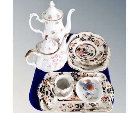 A tray of assorted ceramics, Masons plates and dishes, paragon Victoria rose tea pot, sugar basin, Royal Albert Forget me not