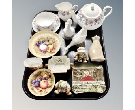 A tray of assorted ceramics, Nao Geese figures, four pieces of Royal Grafton Fragrance china, Aynsley wild orchard china, Roy