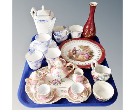 A tray of assorted ceramics : eight piece miniature tea service, Booths Flora Dora milk jug and sugar basin, Limoges part Wel