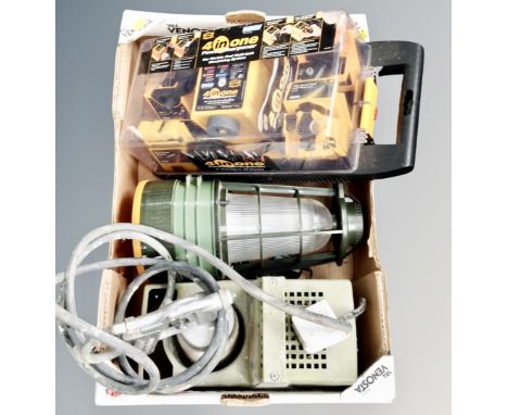 A box of four in one power sharpener, new in case, paint sprayer with accessories and an electric lamp 