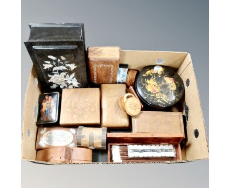 A box containing assorted wooden trinket and table boxes, oriental lacquer ware etc 