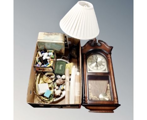 A London clock company Westminster wall clock together with three boxes of glass, Continental china, table lamp with shade et