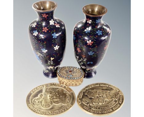 A pair of Japanese cliosonne vases, gilt metal lidded trinket box and two brass steam railway plaques 