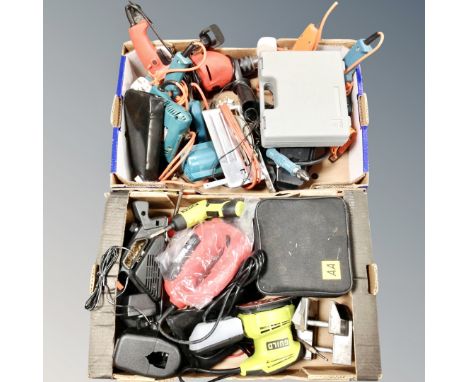 Two boxes of assorted power tools, Black and Decker, Guild etc 