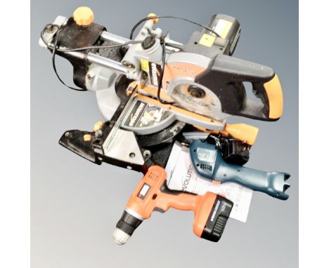 An Evolution sliding compound mitre saw, Black &amp; decker 12 volt drill and a Black &amp; Decker VP510 electric sander (no 