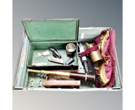 A box of telescopic nautical telescope, pocket knives, compasses, hunting knife, Freemasons apron, trench art cup etc 