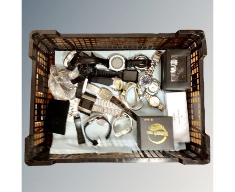 A basket containing assorted Gent's wrist watches, Smiths Empire, Casio, Ben Sherman, digital examples etc 