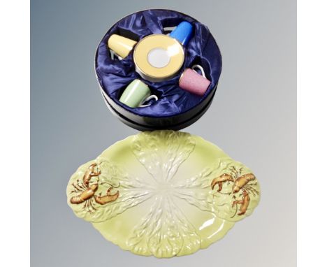A Royal Worcester Celebration of HRH 80th birthday coffee set in a fitted box and Carlton ware lobster dish 