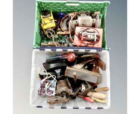 Two crates of battery chargers, bench grinder, vintage hand tools, wood working planes etc 