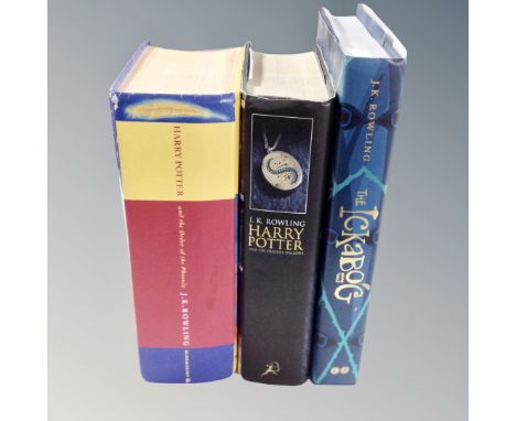 Three J K Rowling Harry Potter hard back first edition books - The Order of the Phoenix, The Deathly Hallows and The Ickabog.