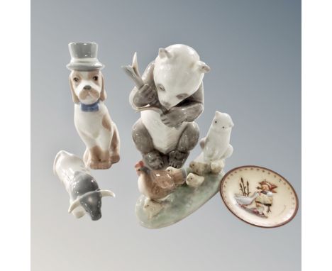 Four Nao figures : chicken family, polar bear cub, horned cow, panda with bamboo, a Spanish figure of a dog and a Hummel shal