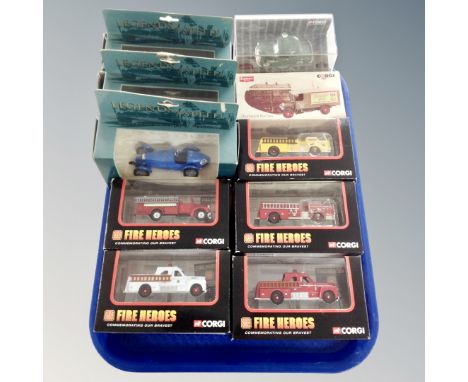 A tray of ten Corgi die cast vehicles : Morris Minor, Thornycroft box van, Fire Heros and Legends of Speed, all parts boxed 