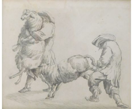 Carl Duncker (1808-1868). Pencil sketch after Johan Heinrich Roos, country scene, 23cm x 19cm, framed. 