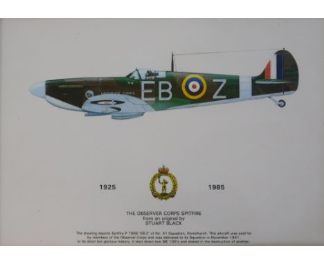 After Stuart Black. The Observer Corps Spitfire 1925-1985, coloured print, 20cm x 29.5cm.