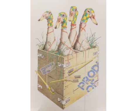 Simon. Four geese in a box, artist signed coloured print, 190/250, 60cm x 44.5cm.