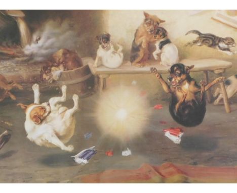 After William Henry Hamilton Trood (1748-1899). Dog explosion, coloured print, 30cm x 40cm.