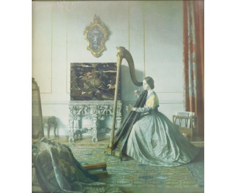 20thC framed coloured print. Lady playing harp, 53cm x 48cm.