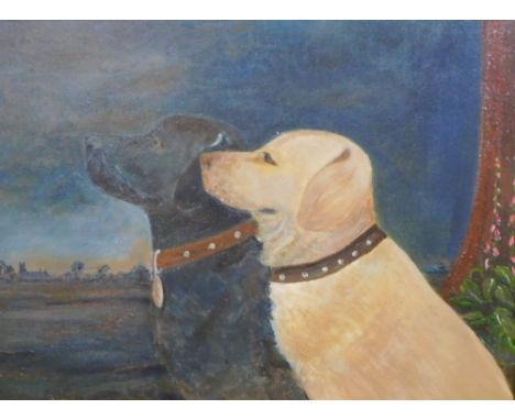 20thC British School. Portrait study - two dogs, oil on board, 29cm x 39cm. Label verso Gilbert Mastin Limited Skegness.