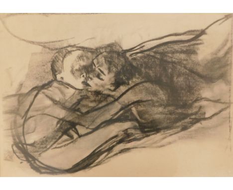After Kathie Kollwitz (1867-1945). Study of two figures, monochrome print, 37cm x 51cm.