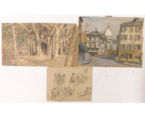 Indian School. Figure seated in woodland scene, watercolour, 26cm x 46cm and drawing sketch Tiger (2).