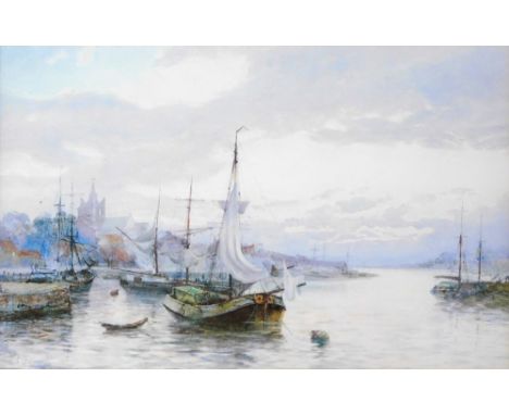 After Frank William Scarborough. Harbour scene with fishing boats, coloured print, 14cm x 21cm.