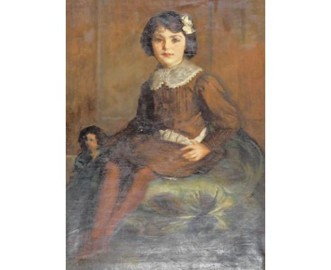 19thC British School. Portrait of a young girl seated with a doll, oil on canvas, 101cm x 74.5cm.