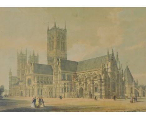After J.K. Colling. South East view of Lincoln Cathedral, coloured print - James Drury Publisher Lincoln, 35.5cm x 46cm.
