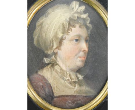 19thC School. Portrait miniature, head and shoulders of a maiden, oil, 9cm x 7.5cm, handwritten labels verso stating 'Mrs Hil