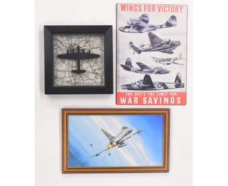 After Michael Rondot. Fighter planes, coloured print, 14.5cm x 26cm and two others Coleby Grange, War Savings (3).