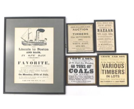 19thC and later Auction and steam trip posters. From Lincoln to Boston, John Wilson and Sons Auction of Timbers, Crow and Son
