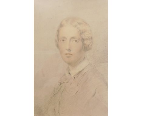 George Richmond (1809-1896). Portrait of a young lady, said to be Charlotte Bronte, coloured chalks on grey paper, 27cm x 18c