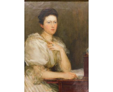 T.B.W. Study of a lady at writing table, oil on canvas, signed, 34.5cm x 24cm.
