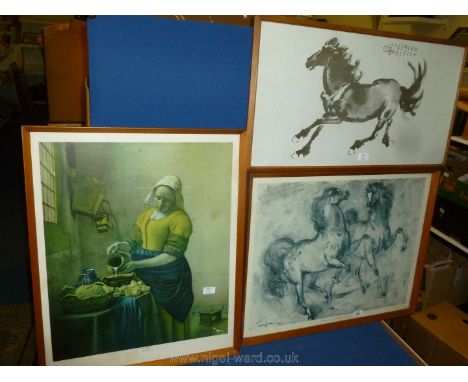 Three large framed Prints ''Chargers' after Denese de Holesch, oriental Print of a galloping horse and "The Milkmaid" after J