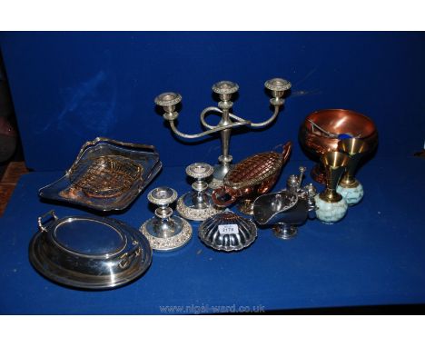 A quantity of miscellaneous brass and plated items including pair of Delft vases, sugar scuttle, entree dish, basket, candles