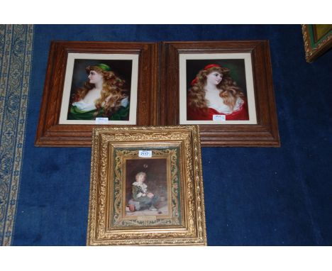 Two wooden framed Prints depicting three quarter Portraits of Lady in Red and Lady in Green together with a Print of Bubbles 