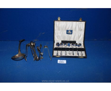 A quantity of E.P.N.S. items including 5 pairs of sugar tongs, a sauce ladle and a cased set of 6 teaspoons and a sugar spoon