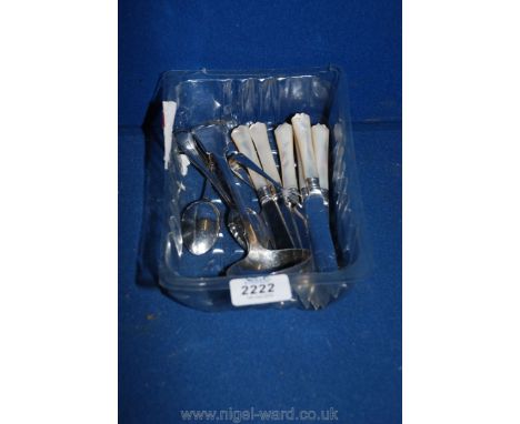Six knives with silver band, two Epns coronation spoons, silver plated Ladle and silver tongs
