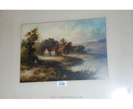 A framed and mounted Oil Painting depicting a Cottage on a riverbank with gentleman with walking stick and a lady feeding chi