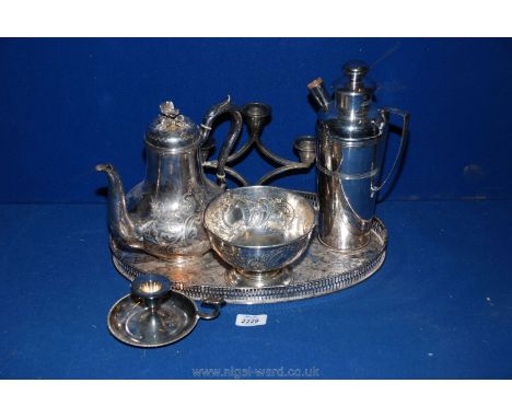 A plated Coffee Pot, Candelabra, footed Bowl, etc, on a galleried tray