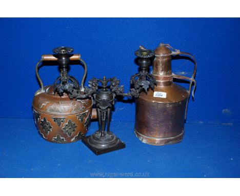 Two Copper Kettles and a bronze two branch candelabra (as found)