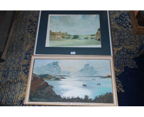 An Oil onboard of a moonlit seascape and a framed Print 'Bucklers Hard Hampshire' by Stanley Orchard
