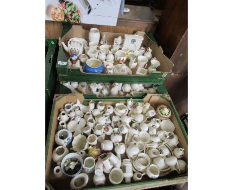 Three boxes of assorted crested ware, including Goss and local interest