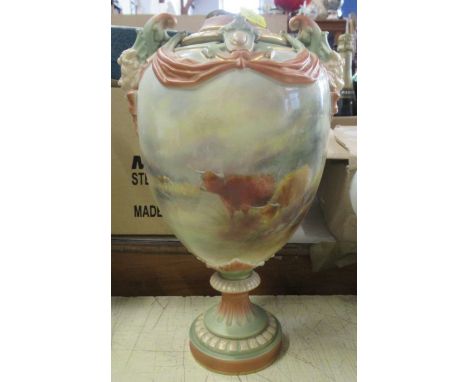 A Royal Worcester pedestal vase, the front decorated with Highland cattle in landscape, height 13ins