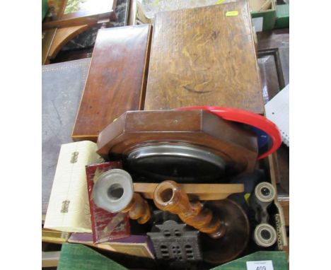 An oak box, together with a mahogany tea caddy, a barometer, pair of barley twist candlesticks and other items