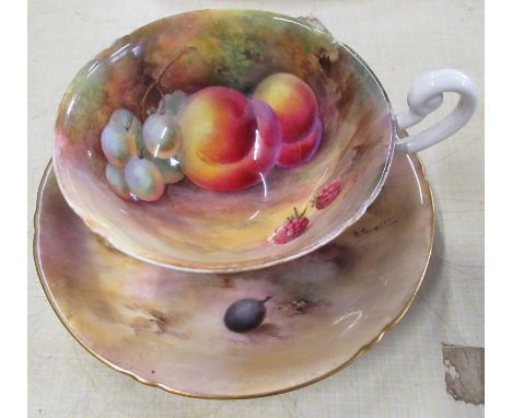 An unmarked Royal Worcester cup, decorated to the interior and exterior with fruit to a mossy background by H H Price, togeth